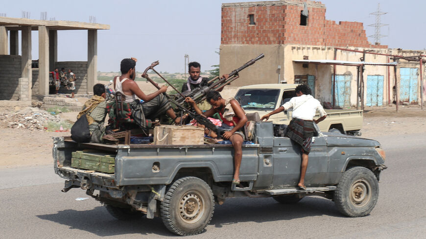 Forces loyal to Yemen's Saudi-backed government ride in a pick-up truck in the Hays district, south of Hodeidah, Yemen, Sept. 5, 2026.