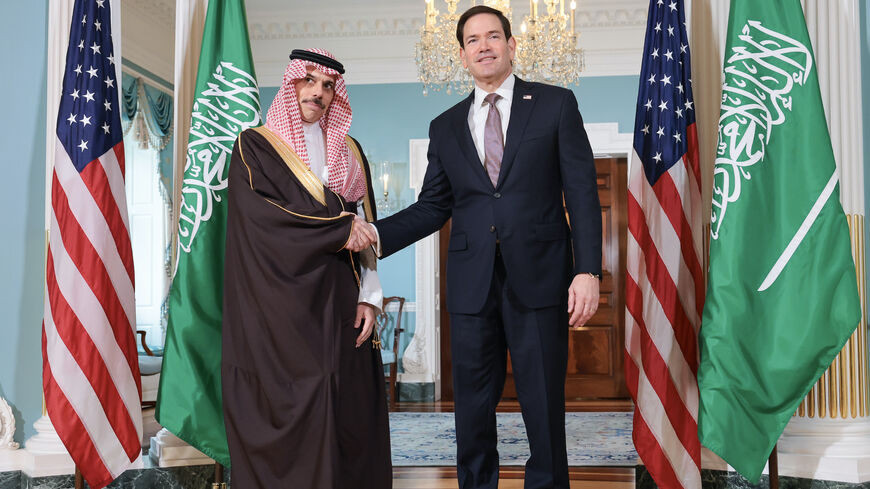 Saudi Foreign Minister Prince Faisal bin Farhan Al Saud shakes hands with US Secretary of State Marco Rubio as they pose for photos before a meeting at the US State Department on Sept. 28, 2026 in Washington, DC.