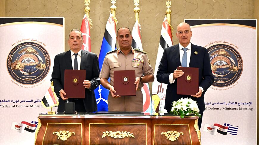 Cypriot Defense Minister Vasilis Palmas, Egyptian Defense Minister Lt. Gen. Ashraf Salem Zaher, and Greek Defense Minister Nikos Dendias meet in Cairo, Sept. 22, 2026.