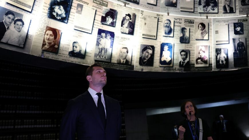 Fraench National Rally (RN) leader Jordan Bardella visits the Yad Vashem Holocaust Memorial in Jerusalem on March 26, 2025