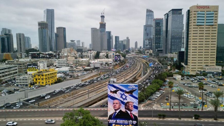 A drone view of an election campaign display for Israeli Prime Minister Benjamin Netanyahu's Likud party, depicting Netanyahu and US President Donald Trump, in Tel Aviv