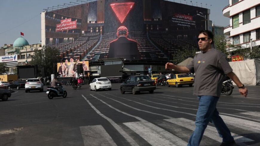 A billboard depicting Israeli Prime Minister Benjamin Netanyahu in the empty hall of the United Nations, on a building in Tehran