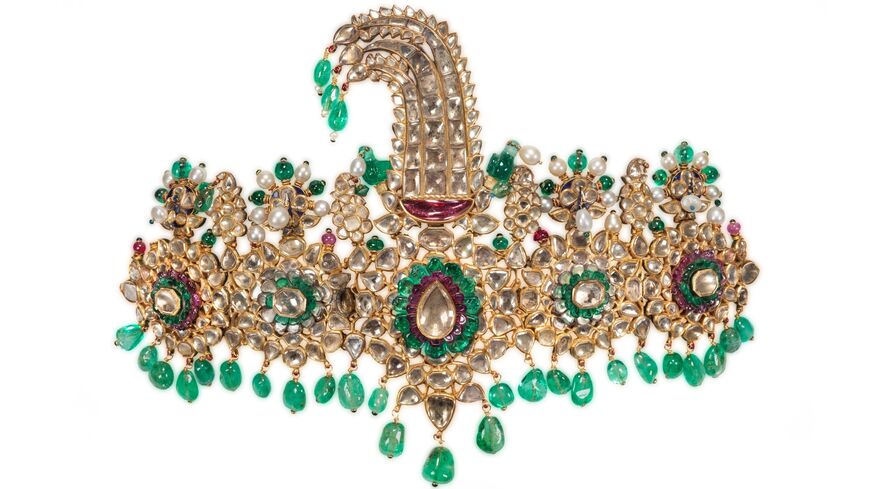 The “Patiala Sarpech,” a turban ornament from Mughal India, c. 1880, from the collection of the Museum of Islamic Art, Doha. (Randa Dalloul/Qatar Museums)