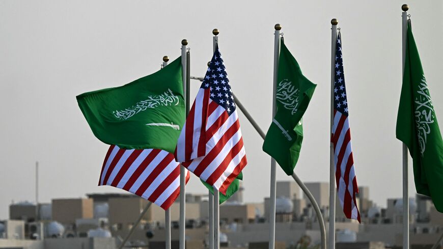 Flags of Saudi Arabia and the US on poles in Riyadh