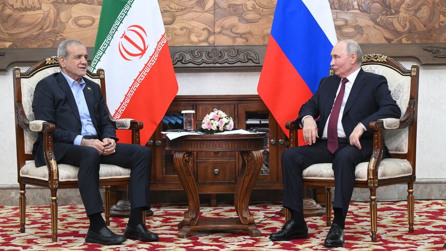 Russia's President Vladimir Putin and Iran's President Masoud Pezeshkian hold a meeting on the sidelines of the Shanghai Cooperation Organisation summit in Bishkek, on Sept. 1, 2026.