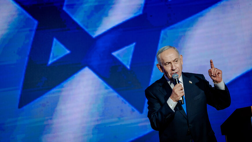 Israeli Prime Minister and Likud party leader Benjamin Netanyahu speaks to supporters at the lectern during a party campaign rally at Expo Tel Aviv on Sept. 17, 2026 in Tel Aviv, Israel. 