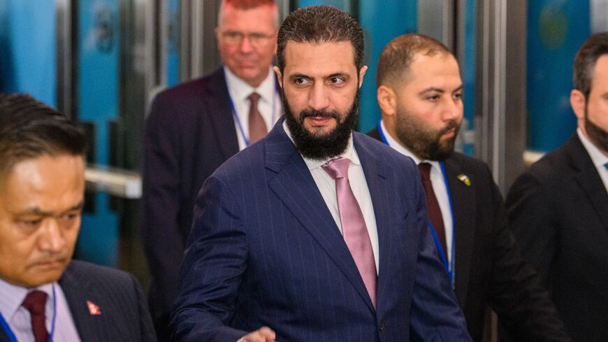 Syrian President Ahmed al-Sharaa arrives for the 81st session of the United Nations General Assembly gathering, UN Headquarters, New York, Sept. 22, 2026.