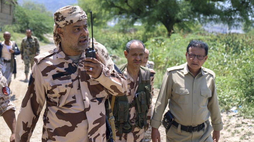 Saudi-backed Yemen government soldiers gather near the Jabal Han front, west of the city of Taiz, following fierce battles earlier in the day as Yemen's Houthis reportedly attempted to seize control of the main route between the inland city of Taiz and the coastal city of Aden, on Oct. 3, 2026.