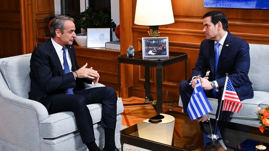US Secretary of State Marco Rubio (R) meets with Greek Prime Minister Kyriakos Mitsotakis (L) during a visit on Oct. 7, 2026, in Athens, Greece. 