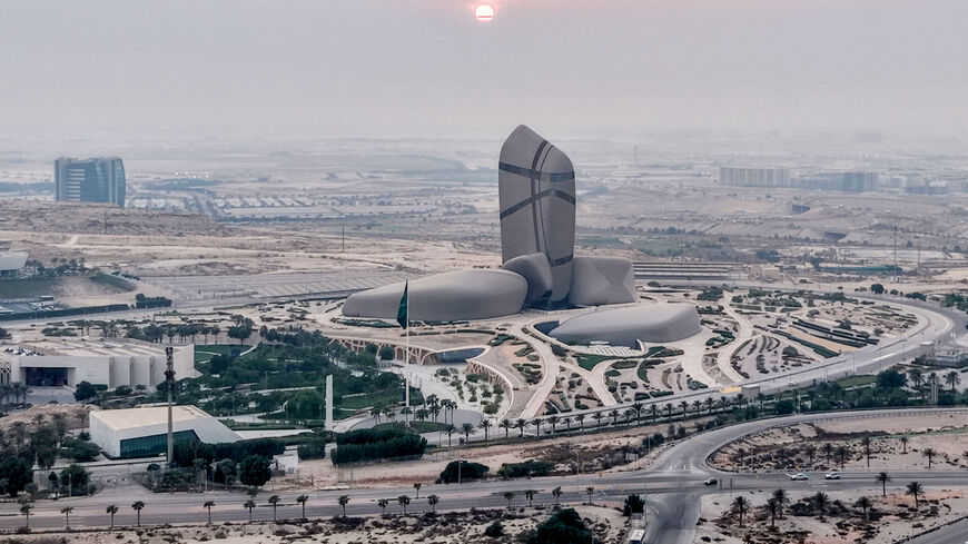 This aerial view shows the King Abdulaziz Centre for World Culture, also known as Ithra (Enrichment), in Dhahran in eastern Saudi Arabia on October 14, 2026, where the city also hosts the headquarters of the Saudi Arabian Oil Company (Saudi Aramco).