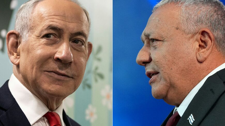 This combination of pictures created on October 28, 2026, shows Prime Minister Benjamin Netanyahu (L) speaking to the media after voting in Jerusalem on October 27, 2026, and Yashar party leader Gadi Eisenkot addressing his supporters at the election night rally in Tel Aviv early on October 28, 2026. (Jewel SAMAD and Maya LEVIN / various sources / AFP via Getty Images)