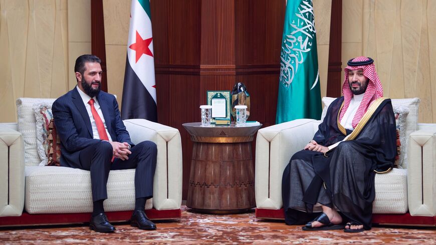 Saudi Crown Prince Mohammed bin Salman meets with Syrian President Ahmed al-Sharaa in Riyadh, Oct. 6, 2026.