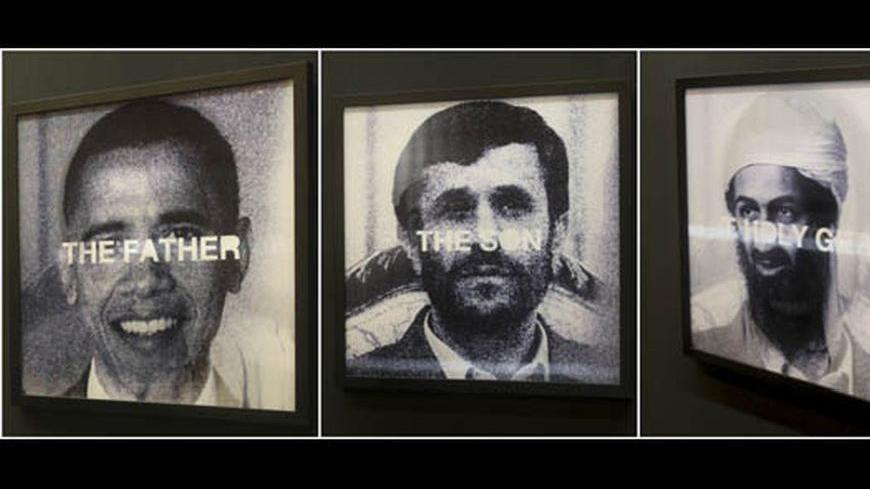 A combination picture of the installation titled "Father, Son and The Holy Ghost", by Dubai based Indian artist Vivek "UBIK" Premachandran during his "Relate to the Matter as I Drop the Bomb" exhibition in Dubai, May 18, 2011. The installation features images of (L-R) U.S. President Barack Obama, Iran's President Mahmoud Ahmadinejad and al Qaeda leader Osama bin Laden with the words, The Father, The Son and The Holy Ghost spread across each image respectively. REUTERS/Jumana El-Heloueh (UNITED ARAB EMIRATES