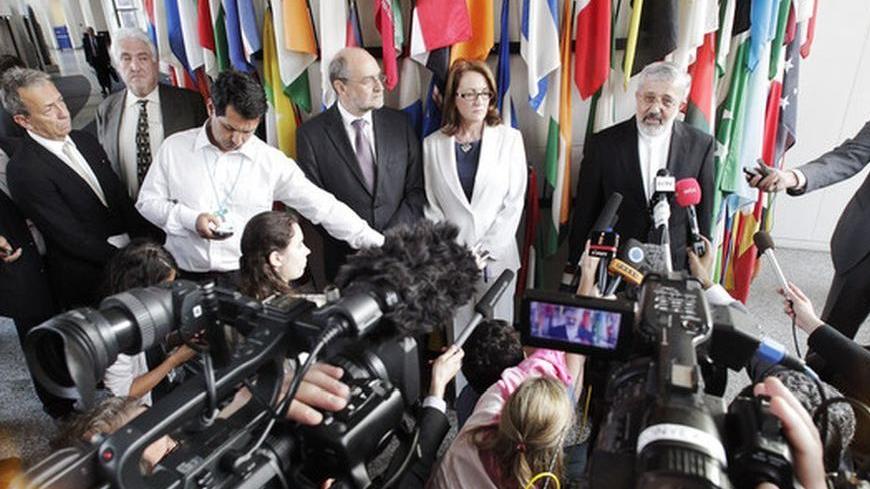 Laura Rockwood, International Atomic Energy Agency (IAEA) legal officer, Herman Nackaerts IAEA Deputy Director General and Head of the Department of Safeguards, and Iran's IAEA ambassador Ali Asghar Soltanieh (centre L-R) brief the media ast they attend a news conference after talks at the U.N. headquarters in Vienna June 8, 2012. The U.N. nuclear watchdog and Iran began a new round of talks on Friday in an attempt to seal a framework deal to resume a long-stalled probe into suspected nuclear weapon researc