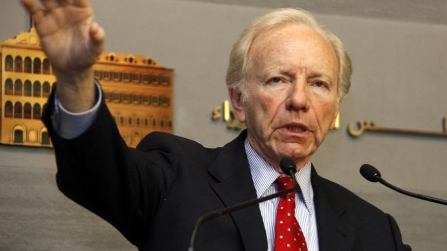 U.S. Senator Joseph Lieberman speaks during a news conference at the government palace in Beirut May 2, 2012.  REUTERS/Mohamad Azakir (LEBANON - Tags: POLITICS)
