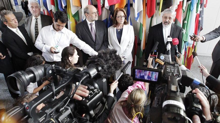 Laura Rockwood, International Atomic Energy Agency (IAEA) legal officer, Herman Nackaerts IAEA Deputy Director General and Head of the Department of Safeguards, and Iran's IAEA ambassador Ali Asghar Soltanieh (centre L-R) brief the media ast they attend a news conference after talks at the U.N. headquarters in Vienna June 8, 2012. The U.N. nuclear watchdog and Iran began a new round of talks on Friday in an attempt to seal a framework deal to resume a long-stalled probe into suspected nuclear weapon researc