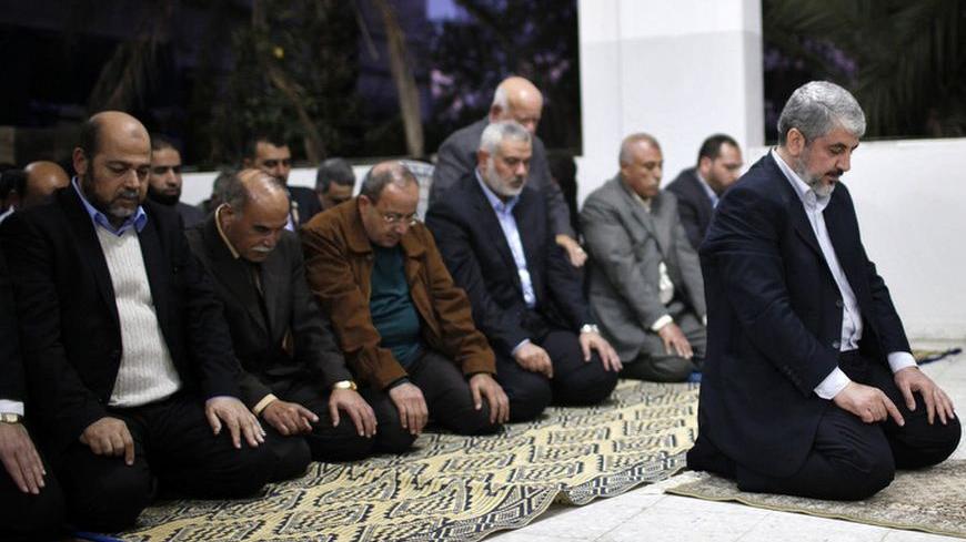 Hamas chief Khaled Meshaal (in front) prays with senior leaders of Hamas and Fatah in Gaza City December 9, 2012. Hamas's vow to vanquish Israel after claiming "victory" in last month's Gaza conflict vindicates Israel's reluctance to relinquish more land to the Palestinians, Prime Minister Benjamin Netanyahu said on Sunday. Khaled Meshaal, the leader of the Islamist Hamas movement, made a defiant speech before thousands of supporters in the Gaza Strip on Saturday, promising to take "inch-by-inch" all of mod