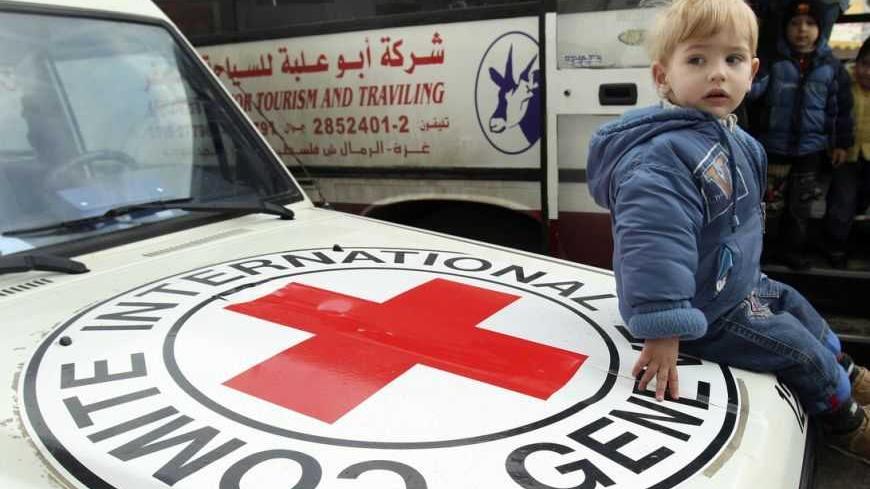 A Palestinian boy, who also holds Russian citizenship, sits atop a Red cross vehicle as he waits with his family to leave the Gaza Strip January 8, 2009. Israeli warplanes bombed targets across the Gaza Strip on Thursday and tanks advanced on Palestinian guerrillas as U.S. backing for a truce proposal raised expectations of an end to the offensive.  REUTERS/Suhaib Salem (GAZA) - RTR235SL
