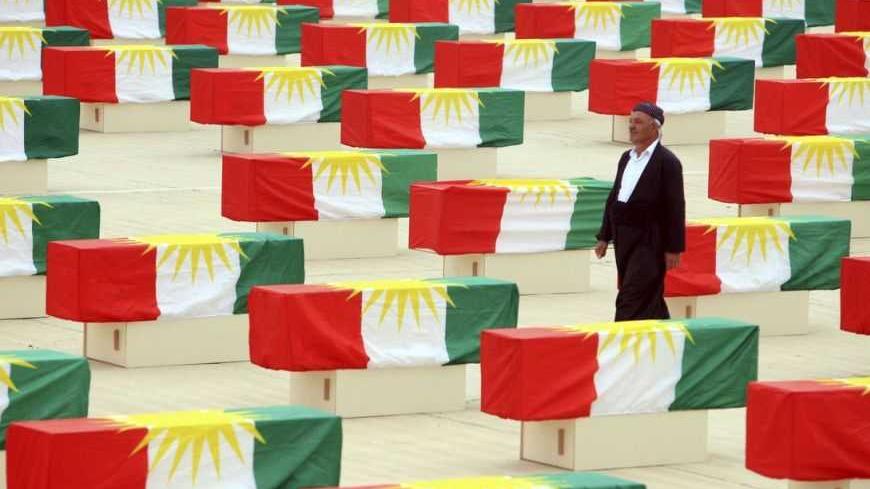 A Kurdish man walks between coffins draped with Kurdish flag containing the remains of victims during a burial ceremony in Sulaimaniya, 260km (162 miles) northeast of Baghdad, May 28, 2012. More than 700 Kurds, killed by former Iraqi leader Saddam Hussein, were honoured in a ceremony in northern Iraq on Monday. Kurdish officials gathered at the Police Academy in Suleimaniya province to mourn 730 victims of Iraq's notorious 'Anfal' campaign, whose bodies were discovered in mass graves in southern Iraq in Jul
