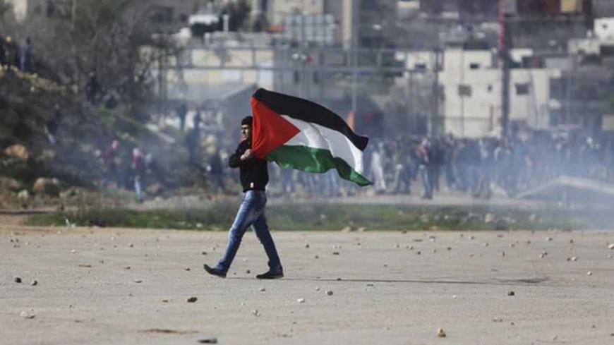 A Palestinian protester holds a flag during clashes between protesters and Israeli border policemen outside Israel's Ofer prison near the West Bank city of Ramallah February 15, 2013. Clashes broke out on Friday between Palestinian stone-throwers and Israeli troops following a protest calling for the release of hunger-striking Palestinian prisoners held in Israeli jails. REUTERS/Mohamad Torokman (WEST BANK - Tags: POLITICS CIVIL UNREST) - RTR3DU35