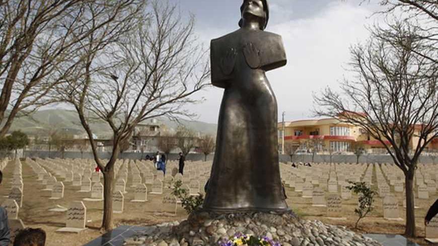 A memorial for victims of the 1988 chemical attack is pictured at the cemetery for the victims in the Kurdish town of Halabja, near Sulaimaniya, 260 km (160 miles) northeast of Baghdad, March 16, 2013. Iraqi Kurds on Saturday marked the 25th anniversary of the chemical attack on the northern Iraqi city of Halabja by Saddam Hussein's forces. Up to 5,000 people may have been killed by chemical gas, villages were razed and thousands of Kurds were forced into camps during the 1988 Anfal genocidal campaign again