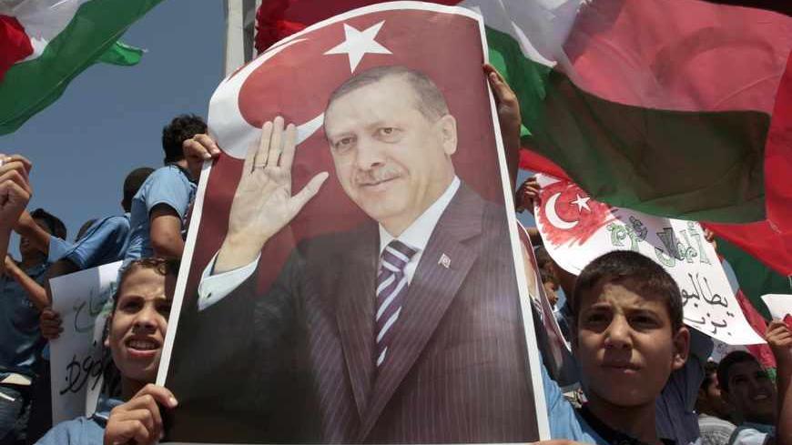 Palestinian schoolboys hold a poster depicting Turkey's Prime Minister Recep Tayyip Erdogan during a rally at Gaza Seaport calling on Erdogan to visit the Gaza Strip September 13, 2011. REUTERS/Ismail Zaydah (GAZA - Tags: POLITICS EDUCATION TPX IMAGES OF THE DAY) - RTR2R8HE