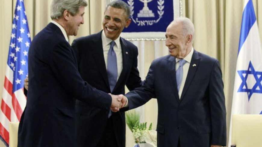 U.S. President Barack Obama introduces Secretary of State John Kerry to Israel's President Shimon Peres during a bilateral meeting in Jerusalem, March 20, 2013. Obama said at the start of his first official visit to Israel on Wednesday that the U.S. commitment to the security of the Jewish state was rock solid and that peace must come to the Holy Land.   REUTERS/Jason Reed   (JERUSALEM - Tags: POLITICS) - RTR3F8DI