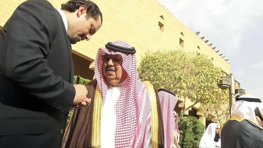 Lebanon's former Prime Minister Saad al-Hariri (L) speaks to Prince Mansour bin Saud bin Abdul Aziz as they arrive for the funeral of Prince Badr bin Abdul Aziz, former deputy commander of the National Guard at Imam Turki bin Abdullah Mosque in Riyadh, April 2, 2013. REUTERS/Faisal Al Nasser (SAUDI ARABIA - Tags: POLITICS ROYALS) - RTXY5TQ