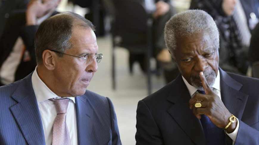Kofi Annan (R) Joint Special Envoy of the United Nations and the Arab League for Syria speaks with Russian Foreign Minister Sergei Lavrov before a dinner hosted by the Swiss authorities after a meeting of the Action Group for Syria at the European headquarters of the United Nations in Geneva June 30, 2012. REUTERS/Laurent Gillieroni/Pool (SWITZERLAND - Tags: POLITICS) - RTR34EGP