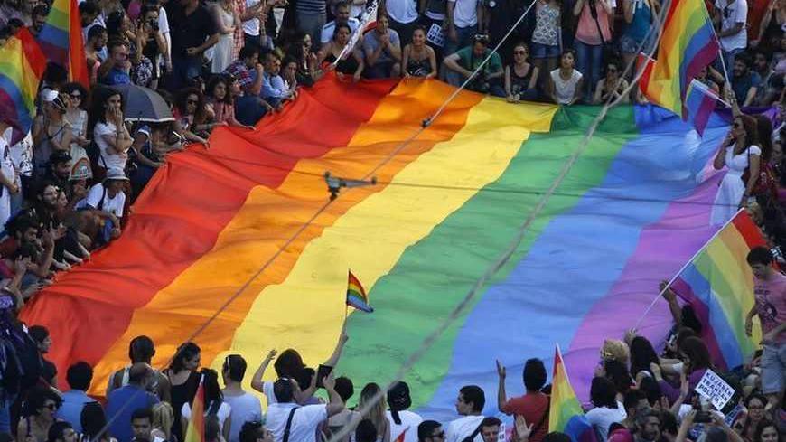 Gay rights activists carry a rainbow flag during a protest at Tunel Square in Istanbul June 23, 2013.  REUTERS/Marko Djurica (TURKEY - Tags: CIVIL UNREST SOCIETY) - RTX10Y6V