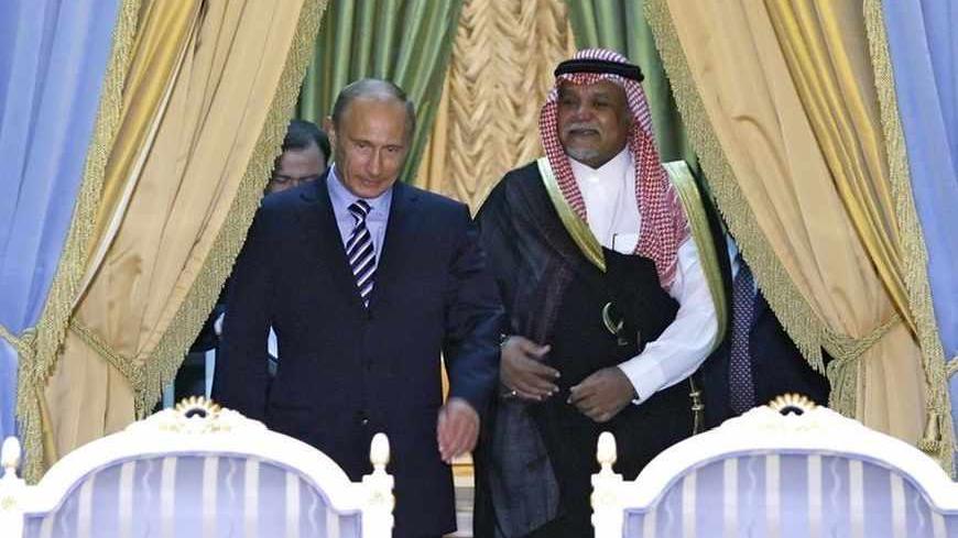 Prince Bandar bin Sultan (R), secretary-general of Saudi Arabia's National Security Council, and Russia's Prime Minister Vladimir Putin enter a hall for a signing ceremony in Moscow July 14, 2008. Picture taken July 14, 2008.  RUSSIA/RIA Novosti/Alexei Druzhinin/Pool  (RUSSIA) - RTX7XR3