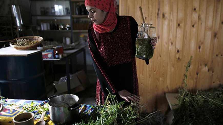 Mariam Aborkeek mixes plants with olive oil for her "Desert Daughter" soap in the Bedouin village of Tel Sheva, near the southern Israeli city of Beersheba, February 11, 2013. The cosmetics line, set up in 2005, is the brainchild of Aborkeek, a Bedouin. Brought up by the female members of her family, Aborkeek said she decided to share her Bedouin beauty secrets by transforming them into a variety of lotions and cosmetic products, using ingredients like desert melon, cumin, and bitter apple. Picture taken Fe