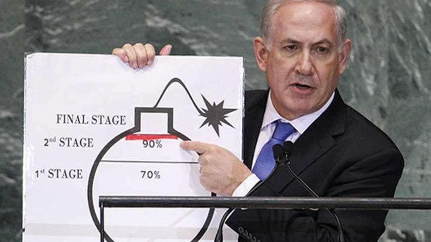 Israel's Prime Minister Benjamin Netanyahu points to a red line he has drawn on the graphic of a bomb as he addresses the 67th United Nations General Assembly at the U.N. Headquarters in New York, September 27, 2012. REUTERS/Lucas Jackson (UNITED STATES - Tags: POLITICS TPX IMAGES OF THE DAY) - RTR38I6N