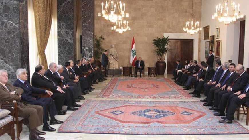 Lebanon's President Michel Suleiman (C) meets with members of "March 14" coalition at the presidential palace in Baabda, near Beirut, June 18, 2013. Lebanon's main Sunni Muslim political party pleaded with the presidency on Tuesday to prevent "state collapse", blaming the Shi'ite Hezbollah group for dragging the country into the war in neighbouring Syria. REUTERS/Dalati Nohra/Handout via Reuters (LEBANON - Tags: POLITICS) ATTENTION EDITORS - THIS IMAGE WAS PROVIDED BY A THIRD PARTY. FOR EDITORIAL USE ONLY. 