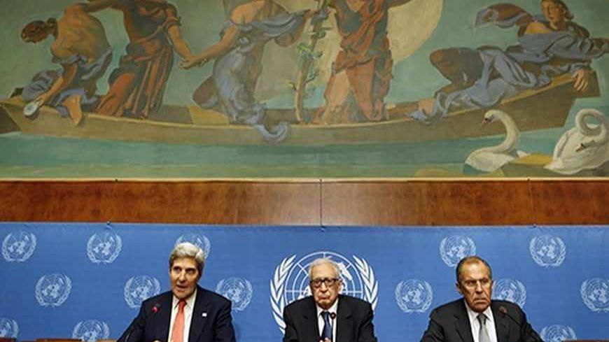 U.S. Secretary of State John Kerry (L) speaks next to U.N. Special Representative Lakhdar Brahimi (C) and Russian Foreign Minister Sergei Lavrov after a meeting discussing the ongoing problems in Syria at the United Nations offices in Geneva September 13, 2013. REUTERS/Larry Downing (SWITZERLAND - Tags: POLITICS CIVIL UNREST) - RTX13JO4