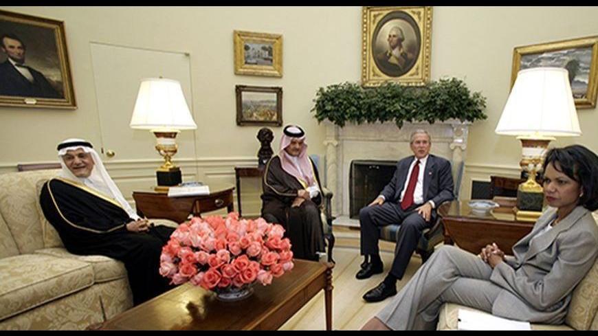 (L to R) Saudi ambassador to the U.S. Prince Turki Al-Faisal, Saudi Foreign Minister Prince Saud al-Faisal, U.S. President George W. Bush and U.S. Secretary of State Condoleezza Rice meet in the Oval Office of the White House in Washington July 23, 2006.  REUTERS/Yuri Gripas  (UNITED STATES) - RTR1FRMW