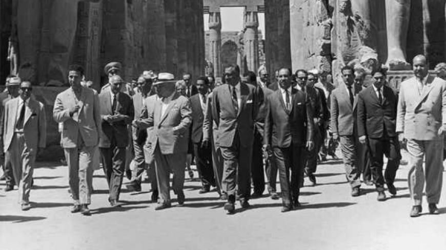 Egyptian President Gamal Abdul Nasser (1918 - 1970) takes his guest, Soviet premier Nikita S. Khrushchev (1894 - 1971) on a tour of the ancient Temple of Luxor, following a visit to the Aswan Dam, 21st May 1964. Accompanying them are President Ahmed Ben Bella of Algeria (left) and President Abdul Salam Arif (1921 - 1966) of Iraq. (Photo by Hulton Archive/Getty Images)