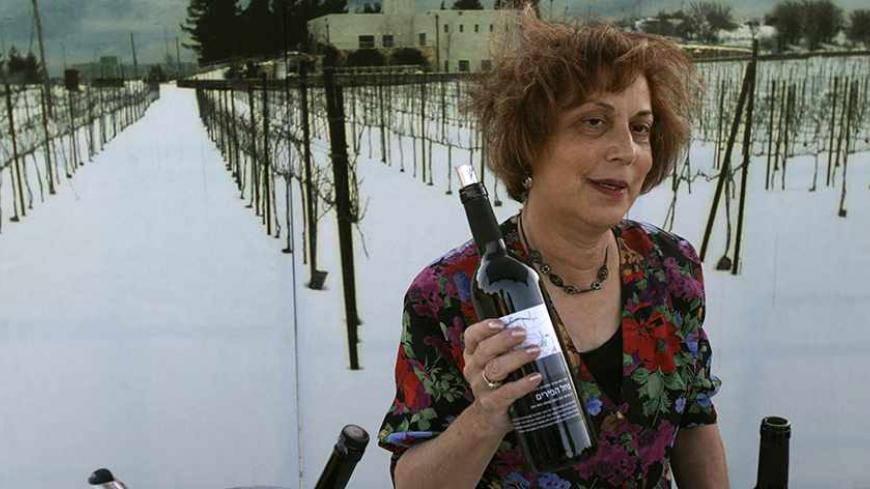 A representative from the Gush Etzion winery in the West Bank holds a bottle of red wine during the annual wine-tasting Festival at the Israel Museum in Jerusalem August 5, 2009. Israeli wine has long stirred up associations with the syrupy libations of religious rituals, but modern techniques imported from top winemaking nations are now helping it find space on shelves from Paris to New York. Picture taken August 5, 2009. To match feature ISRAEL/WINE       REUTERS/Baz Ratner (JERUSALEM FOOD SOCIETY) - RTR2