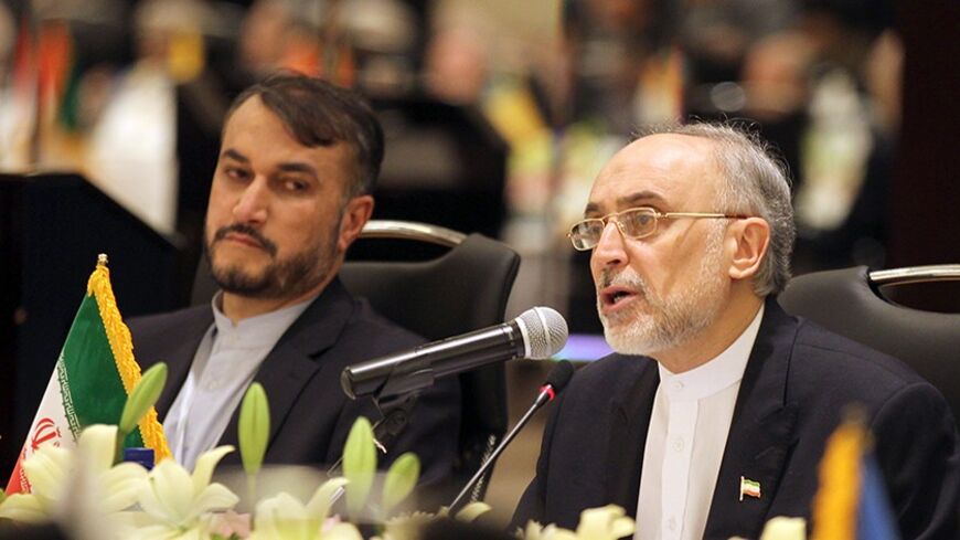 Iranian Deputy Foreign Minister for Arab and African affairs Hossein Amir Abdollahian (L), listens to Foreign Minister Ali Akbar Salehi speaks ahead of the International Conference on Syria "Political Solution-Regional Stability " meeting in Azadi Hotel in Tehran, on May 29, 2013. AFP PHOTO/ATTA KENARE        (Photo credit should read ATTA KENARE/AFP/Getty Images)