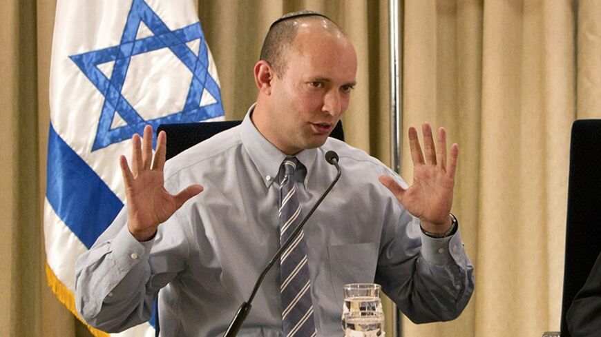Israel's President Shimon Peres (R) meets head of the Bayit Yehudi party Naftali Bennett at Peres' residence in Jerusalem January 31, 2013. Peres began talks with political parties on Wednesday over who should form a new government and appears certain to ask incumbent Prime Minister Benjamin Netanyahu to assemble it. REUTERS/Sebastian Scheiner/Pool (JERUSALEM - Tags: POLITICS ELECTIONS) - RTR3D6TK