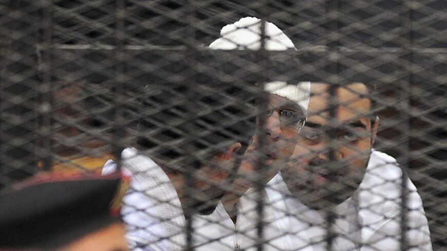Political activists Ahmed Maher, Ahmed Douma (L) and Mohamed Adel (R) of the 6 April movement  look on from behind bars in Abdeen court in Cairo, December 22, 2013. Three leading Egyptian activists were sentenced to three years in prison each on Sunday in a case brought over their role in recent protests, escalating a crackdown on dissent by the army-backed government. Maher, Douma and Adel are symbols of the protest movement that ignited the historic 2011 uprising against President Hosni Mubarak. Each one 
