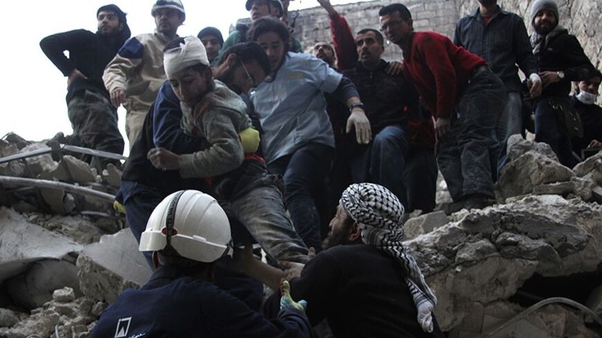 Rescuers carry a wounded boy who survived what activists said was an air strike by forces loyal to Syrian President Bashar Al-Assad in Aleppo's Bustan al-Qasr neighbourhood February 26, 2014. REUTERS/Malek Al Shemali (SYRIA - Tags: POLITICS CONFLICT) - RTR3FQU3