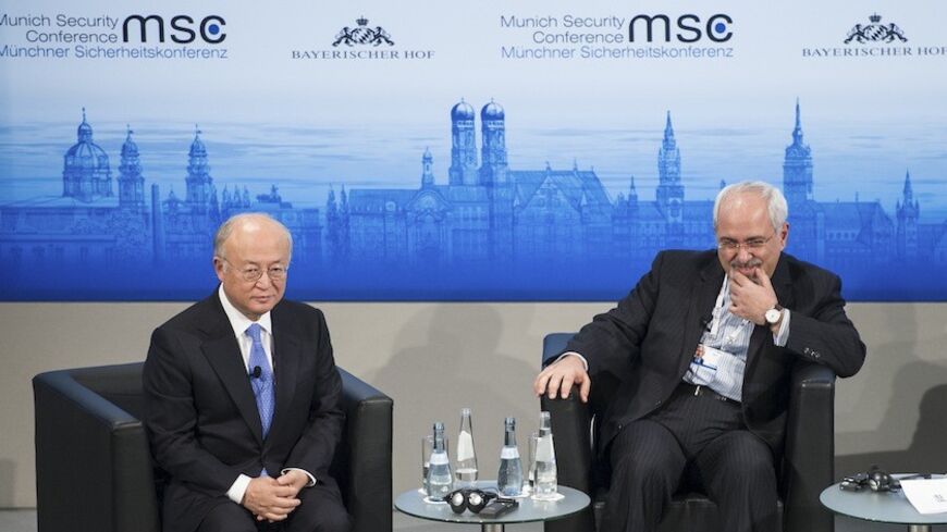 International Atomic Energy Agency (IAEA) Director General Yukiya Amano (L) and Iran's Foreign Minister Mohammad Javad Zarif attend the annual Munich Security Conference February 2, 2014. REUTERS/Lukas Barth (GERMANY - Tags: POLITICS) - RTX184NZ