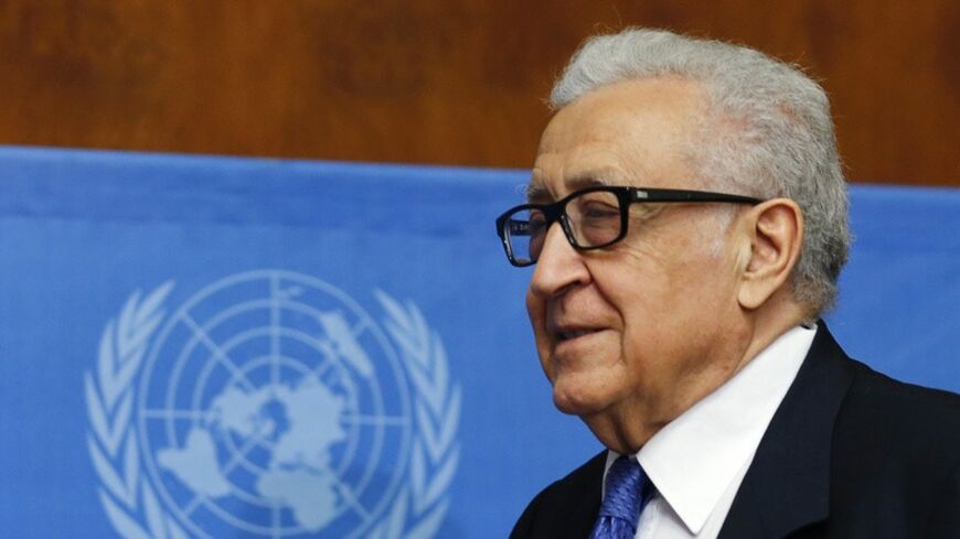 U.N.-Arab League envoy for Syria Lakhdar Brahimi arrives to address the media after a meeting at the Geneva Conference on Syria at the United Nations European headquarters in Geneva February 15, 2014. Brahimi said on Saturday the first two rounds of Syrian peace talks had not made much progress but said the two sides had agreed on an agenda for a third round at an unspecified date.    REUTERS/Denis Balibouse (SWITZERLAND - Tags: POLITICS CONFLICT) - RTX18VD5