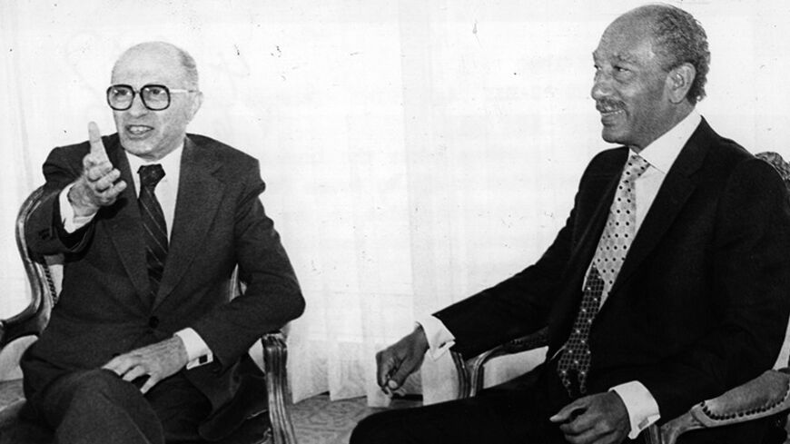 1980:  President Sadat  of Egypt (1918 - 1981) meets Prime Minister Menachem Begin (1913 - 1992) of Israel for talks on the normalisation of relationships between their two countries. The meeting took place in Aswan in Upper Egypt.  In 1978 both men were awarded the Nobel Peace Prize.  (Photo by Keystone/Getty Images)
