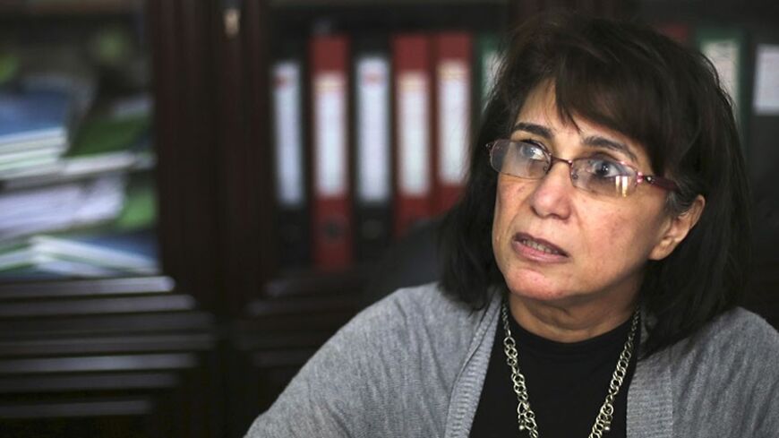Hala Shukrallah, the new president of the Dostour liberal party, speaks during an interview with Reuters in her office at the party's headquarters in Cairo, February 25, 2014. Shukrallah won the elections of the party last Friday to succeed Mohamed ElBaradei, a former U.N. nuclear agency chief, as the party's president. REUTERS/Amr Abdallah Dalsh (EGYPT - Tags: POLITICS) - RTR3FPK1