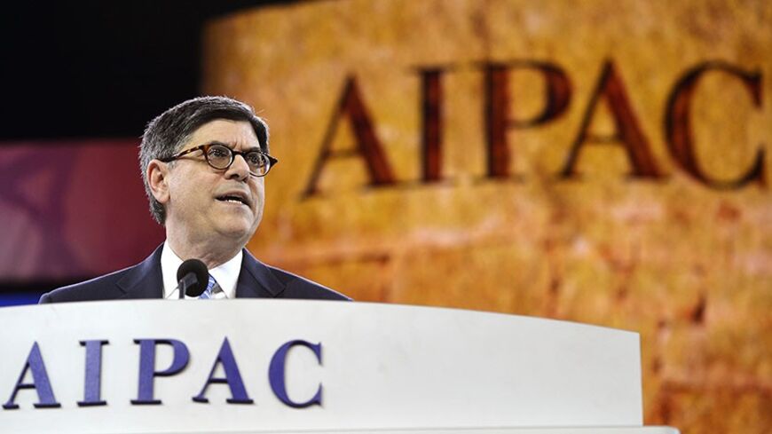U.S. Treasury Secretary Jack Lew makes remarks to the American Israel Public Affairs Committee (AIPAC), at their annual policy conference, in Washington March 2, 2014. AIPAC, a pro-Israel lobby, has more than 100,000 members and is working with Congress to strengthen relations between Israel and America.   REUTERS/Mike Theiler   (UNITED STATES - Tags: POLITICS BUSINESS) - RTR3FX7V