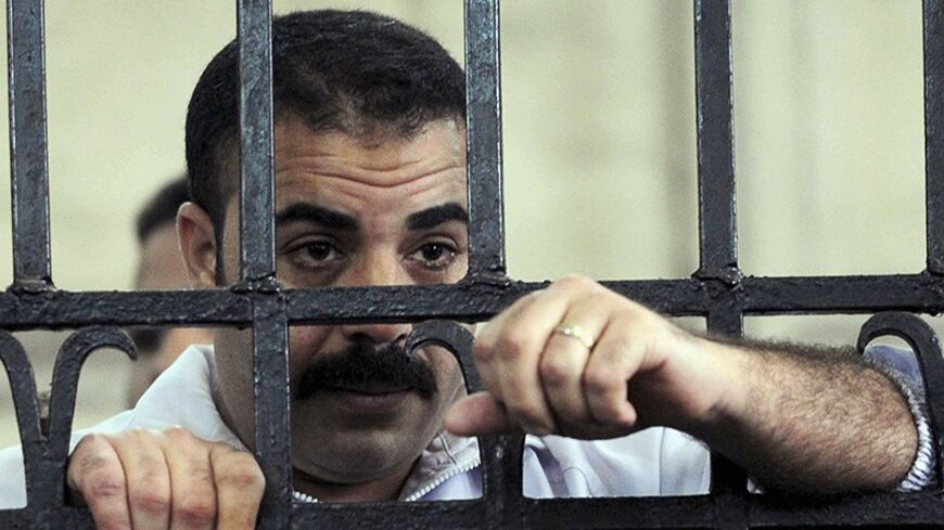 Egyptian policeman Awad Suleiman reacts in the dock during his trial in court in the Mediterranean city of Alexandria, 220 km (137 miles) northwest of Cairo, March 3, 2014. Two Egyptian policemen were sentenced to 10 years in prison on Monday for torturing an activist to death in 2010 in an incident that became one of the triggers for the uprising that toppled veteran autocrat Hosni Mubarak. Witnesses and rights groups said that 28-year-old Khaled Said died after police dragged him out of an Internet cafe i