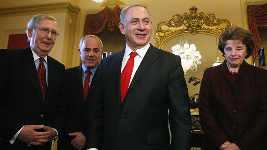 Israel's Prime Minister Benjamin Netanyahu (C) and Israel's Intelligence Minister Yuval Steinitz (2nd L) arrive at a meeting with U.S. Senators Mitch McConnell (R-KY) and Dianne Feinstein (D-CA) (R) on Capitol Hill in Washington, March 3, 2014. REUTERS/Yuri Gripas (UNITED STATES - Tags: POLITICS) - RTR3G042