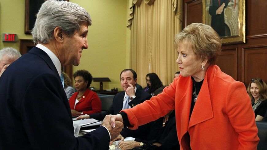United States Secretary of State John Kerry (L) greets chairwoman Rep. Kay Granger (R-TX) (R) before testifying at the House Appropriations Committee on Capitol Hill in Washington March 12, 2014.
 REUTERS/Gary Cameron  (UNITED STATES - Tags: POLITICS BUSINESS) - RTR3GRSC